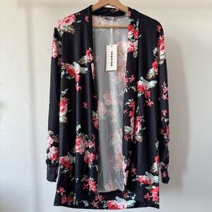 NWT EcoWish Black and Red Floral Cardigan Women’s Size Small